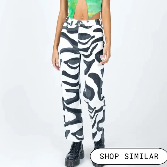 Princess Polly Black and White Printed Straight Leg Jeans - Picture 2 of 5